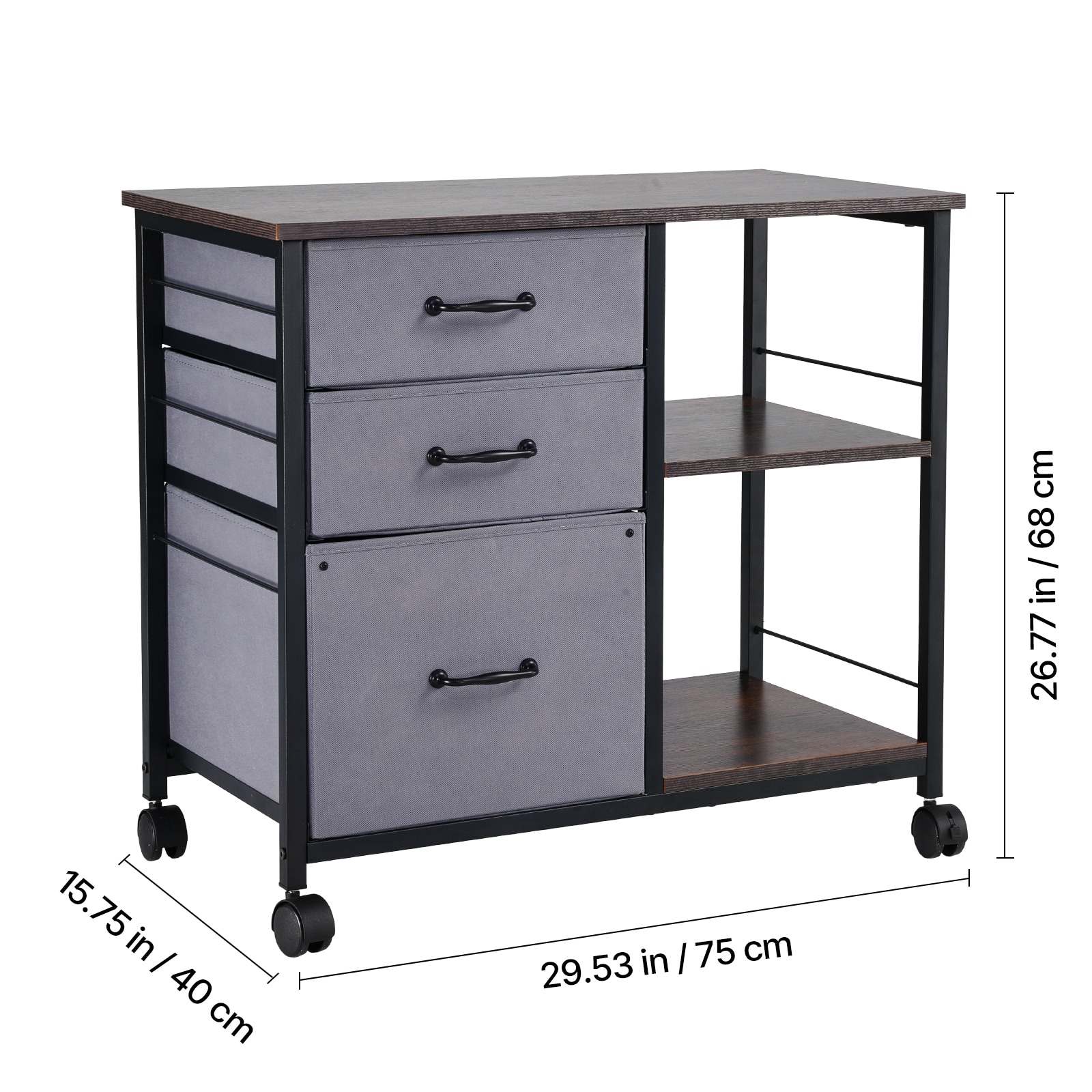 Mobile Metal File Cabinet With 3 Fabric Drawers And 2 Open Shelves Brown_maomaolike.com